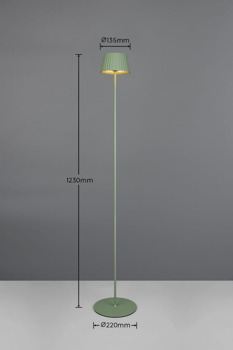 Lampa stojąca zewnętrzna Suarez w kolorze zielonym, z kloszem o średnicy 135 mm i wysokości 1230 mm. Posiada prostą, metalową podstawę o średnicy 220 mm. Wyposażona w LED 1,5W, idealna do ogrodu lub na taras.