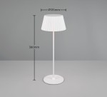 Lampa stołowa zewnętrzna Suarez, biała, z kloszem w plisowanym wzorze. Wysokość 380 mm, średnica podstawy 135 mm. Prosta konstrukcja z metalowym stelażem. Idealna do oświetlenia przestrzeni na zewnątrz.