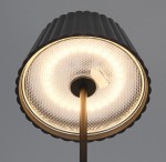 Czarna lampa stołowa Suarez z zewnętrznym kloszem, z LED o mocy 1,5W. Klosz ma teksturowaną powierzchnię z wypukłymi detalami i złotym wykończeniem wewnątrz. Ujęcie z góry, pokazujące źródło światła oraz konstrukcję lampy.