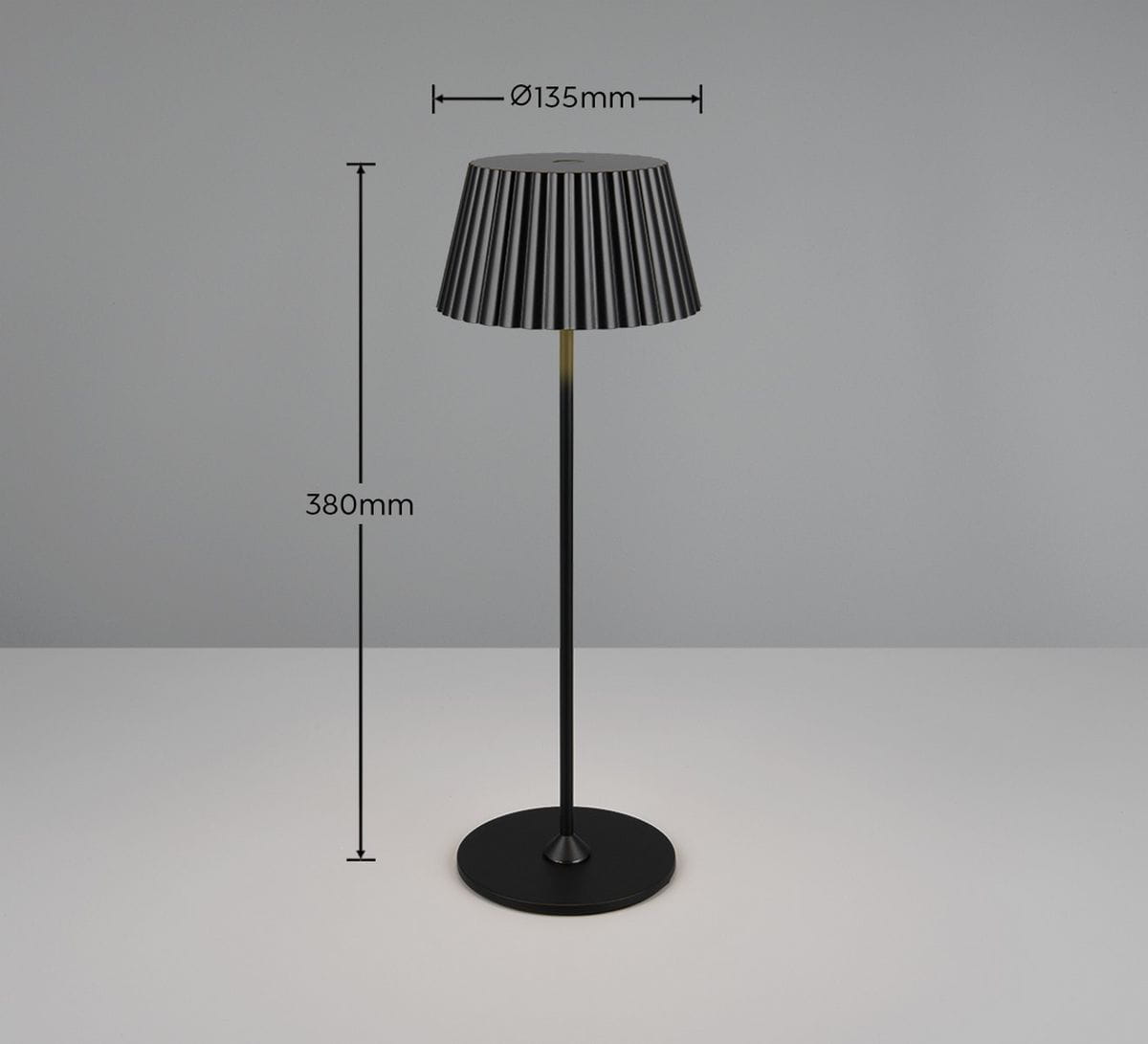 Lampa stołowa Suarez zewnętrzna, czarna, z cylindrycznym kloszem o żebrowanej fakturze, wysokość 380 mm, średnica klosza 135 mm, na okrągłej podstawie. Idealna do ogrodu lub na taras.