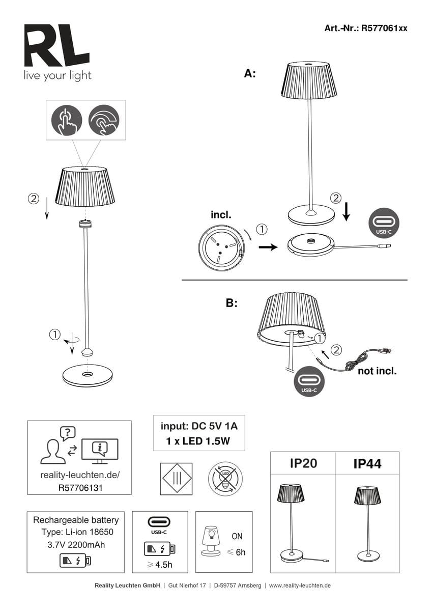 Czarna lampa stołowa zewnętrzna Suarez z abażurem, zbudowana z metalu i plastiku, z wbudowanym źródłem LED 1,5W. Ujęcie frontalne, lampa stoi na okrągłej podstawie. Widoczny port USB-C do ładowania. Wysoka na około 45 cm.