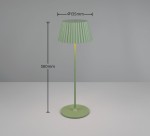 Lampa stołowa zewnętrzna Suarez, zielona, z metalowym kloszem w kształcie stożka o średnicy 135 mm i wysokości 380 mm, na prostym okrągłym stelażu. Widoczne wymiary na tle szarym.