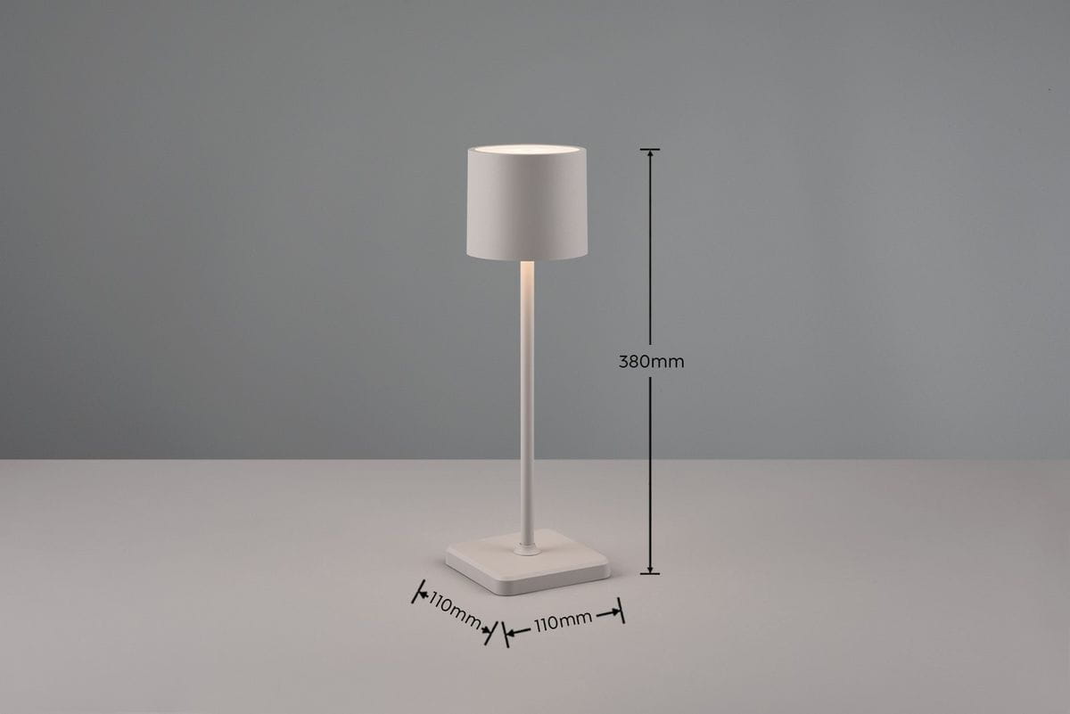 Fernandez lampa stołowa zewnętrzna, ciemnoszara, z białym kloszem, wysokość 380 mm, szerokość podstawy 110 mm. Lampa o prostym, nowoczesnym designie, stojąca na kwadratowej podstawie, idealna do użytku na zewnątrz.