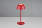 Lampa stołowa zewnętrzna Ricardo w kolorze czerwonym, wykonana z metalu. Posiada okrągłą podstawę oraz klosz w kształcie półkuli. Ujęcie frontalne, prezentujące całość lampy. Idealna do użytku na zewnątrz.