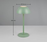 Zielona lampa stołowa Ricardo zewnętrzna, wysokość 300 mm, średnica klosza 135 mm. Okrągła podstawa, gładka powierzchnia, zintegrowane oświetlenie LED 1,5W. Ujęcie frontalne na jednolitym tle.