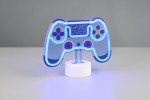 Lampa stołowa w kształcie kontrolera gier, z białym podstawą i niebieskim podświetleniem. Widoczny napis GAME OVER. Produkt ustawiony frontalnie na prostym, jasnym tle. Wykonana z przezroczystego materiału, z widocznymi detalami przycisków.