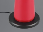 Lampa stołowa Fungo zewnętrzna, z cylindrycznym kloszem w kolorze czerwonym, umieszczona na okrągłej, czarnej podstawie. Widoczny kabel zasilający. Produkt o mocy 1xLED/2W, idealny do użytku na zewnątrz.