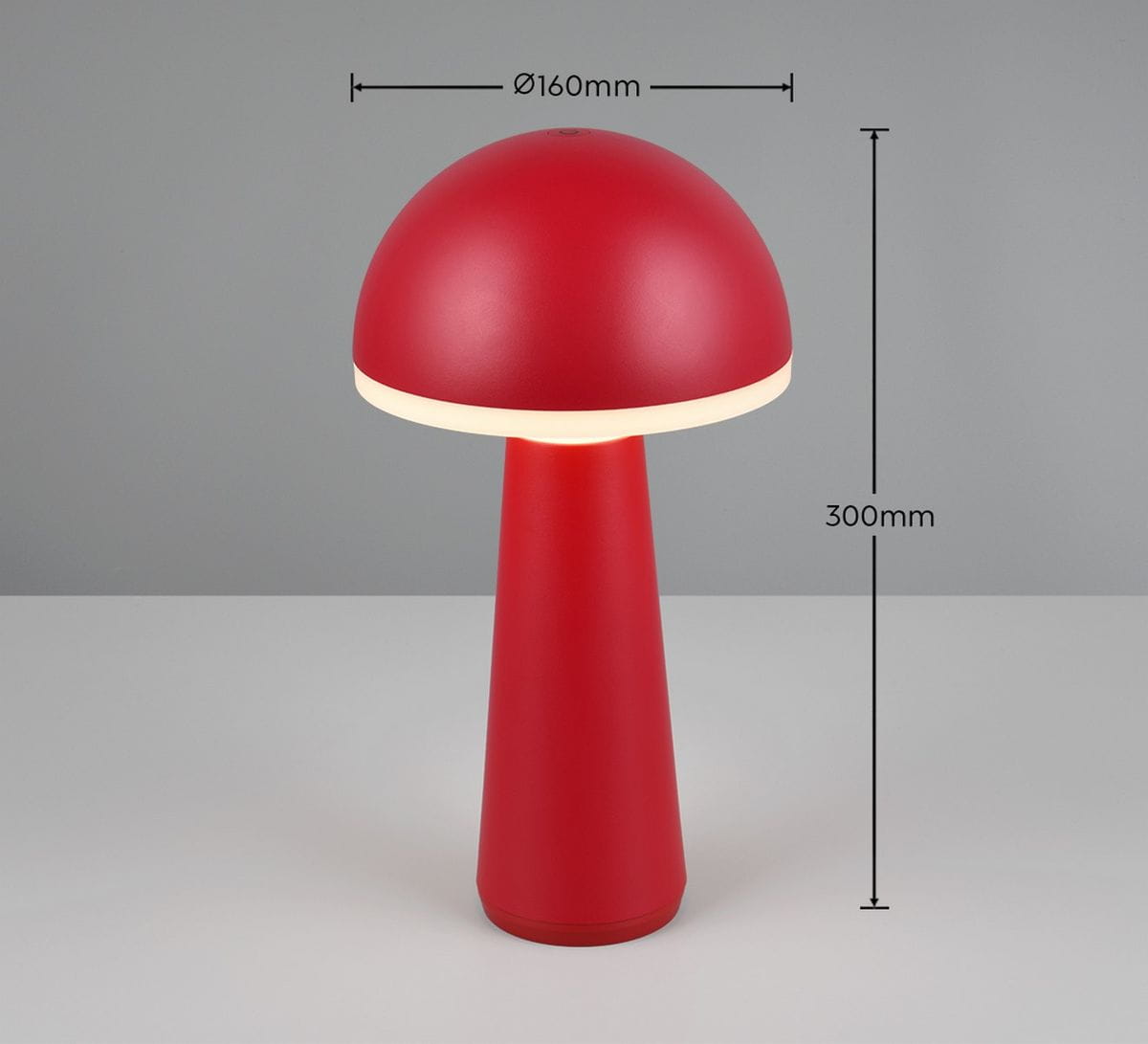 Lampa stołowa zewnętrzna Fungo w kolorze czerwonym z kloszem w kształcie półkuli. Wysokość 300 mm, średnica 160 mm. Wykonana z materiału odpornego na warunki atmosferyczne, z wbudowanym źródłem światła LED o mocy 2W.