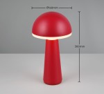 Lampa stołowa zewnętrzna Fungo w kolorze czerwonym z kloszem w kształcie półkuli. Wysokość 300 mm, średnica 160 mm. Wykonana z materiału odpornego na warunki atmosferyczne, z wbudowanym źródłem światła LED o mocy 2W.