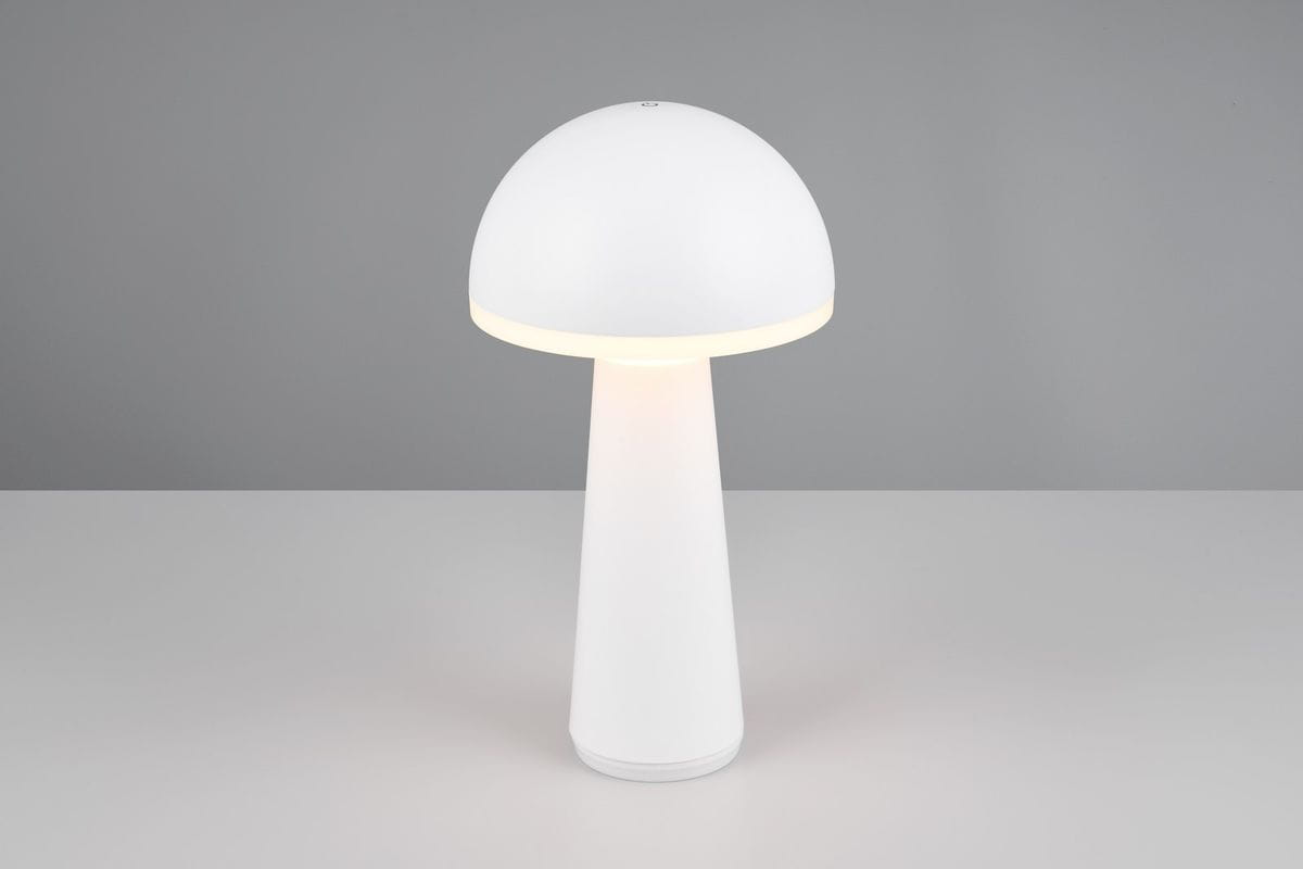 Lampa stołowa Fungo zewnętrzna, biała, z LED o mocy 2W. Okrągła głowica z delikatnym podświetleniem, stożkowata podstawa. Ujęcie frontalne na jednolitym tle, produkt stojący.