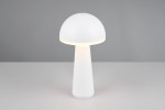 Lampa stołowa Fungo zewnętrzna, biała, z LED o mocy 2W. Okrągła głowica z delikatnym podświetleniem, stożkowata podstawa. Ujęcie frontalne na jednolitym tle, produkt stojący.