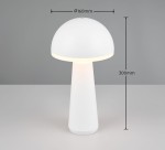Lampa stołowa Fungo zewnętrzna, biała, o kształcie grzyba. Wysokość 300 mm, średnica klosza 160 mm. Wykonana z materiału, emituje ciepłe światło LED o mocy 2W. Umieszczona na płaskiej powierzchni, z minimalistycznym designem.