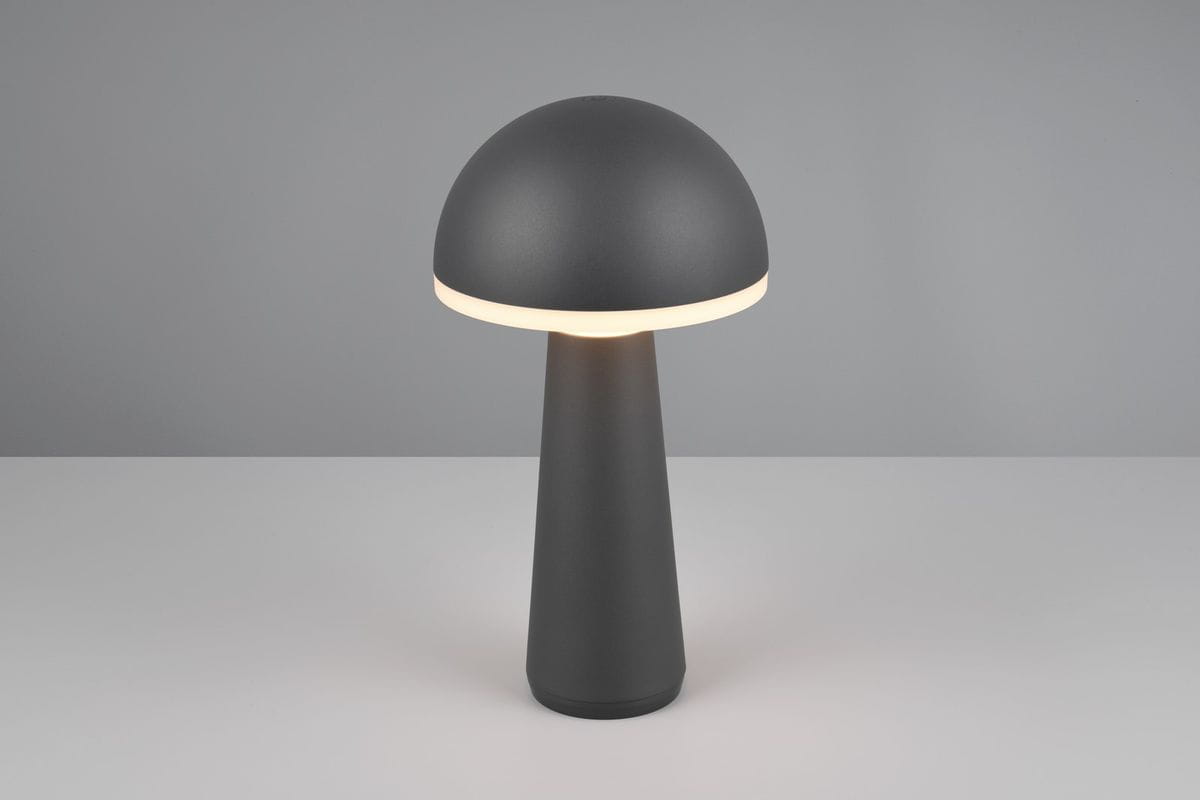 Lampa stołowa Fungo w kolorze antracytowym, o kształcie cylindrycznym z okrągłym kloszem. Wbudowane oświetlenie LED 2W, emitujące światło w dolnej części klosza. Ujęcie frontalne, na jednolitym tle.
