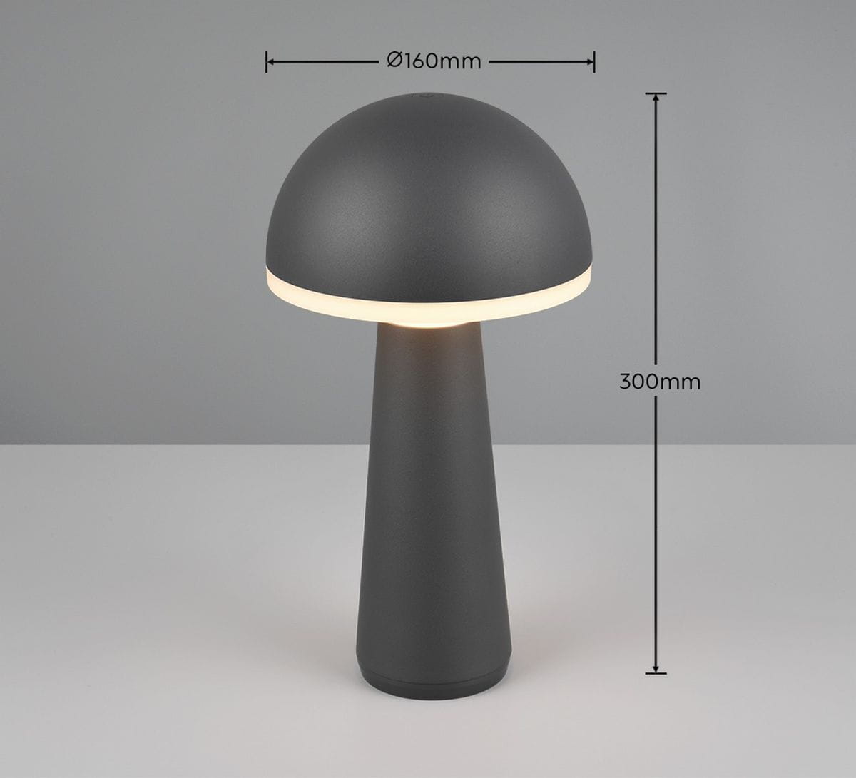 Lampa stołowa Fungo w antracytowym kolorze, z cylindrycznym trzonem i okrągłym kloszem. Wysokość 300 mm, średnica klosza 160 mm. Źródło światła LED 1x2W. Prosta, nowoczesna forma, idealna do użytku zewnętrznego.