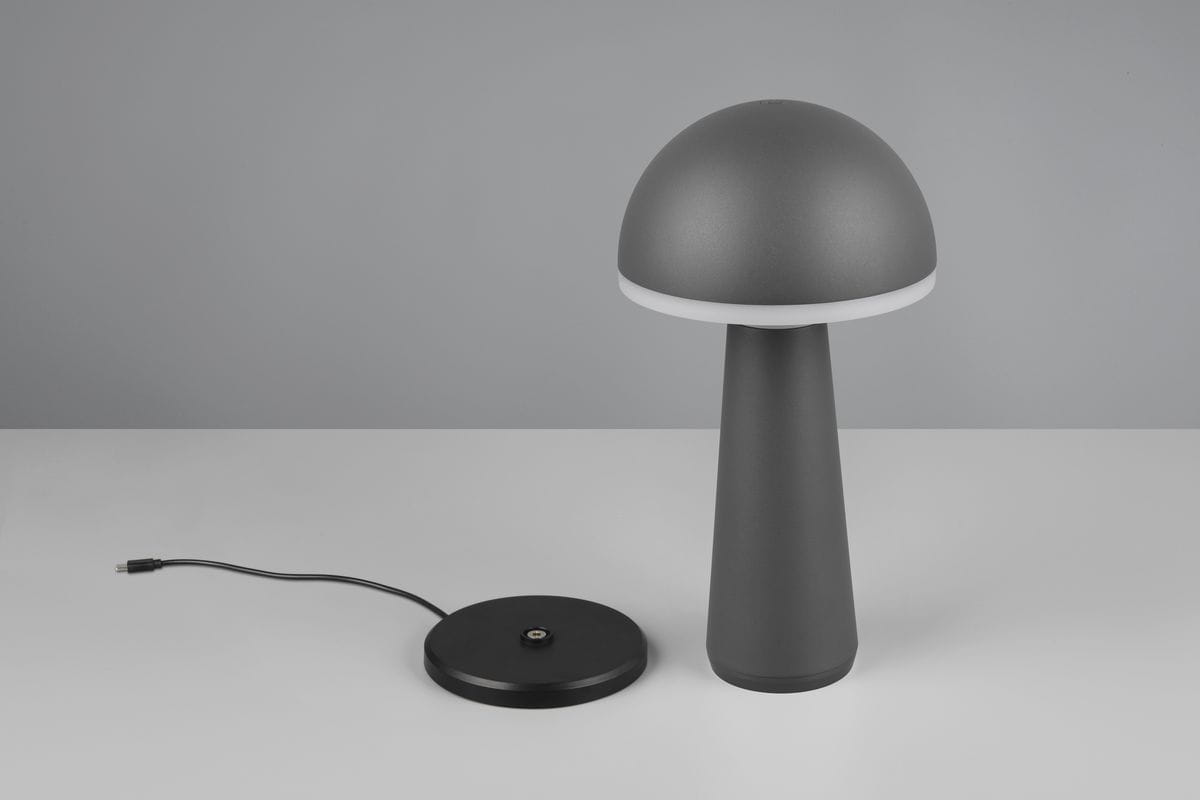 Lampa stołowa Fungo w kolorze antracytowym z okrągłym kloszem i cylindryczną podstawą. Widoczny kabel zasilający. Ujęcie frontalne, na jednolitym tle. Produkt przeznaczony do użytku zewnętrznego, z jedną diodą LED o mocy 2W.