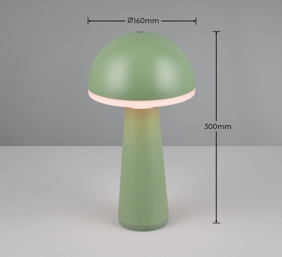 Lampa stołowa Fungo zewnętrzna, zielona, o wysokości 300 mm i średnicy 160 mm. Ma kształt grzyba z matowym wykończeniem i wbudowanym źródłem światła LED o mocy 2W. Umieszczona na jednolitym tle, w pozycji stojącej.