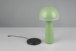 Zielona lampa stołowa Fungo zewnętrzna, z kształtem grzyba, z mlecznym kloszem i podstawą w kolorze czarnym. Widoczny kabel zasilający. Lampa LED (1x2W) idealna do użytku na zewnątrz. Stoi na płaskiej powierzchni.