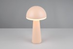 Lampa stołowa Fungo zewnętrzna w kolorze piaskowym, z okrągłym kloszem i stożkowatą podstawą. Ujęcie frontalne, lampa emituje ciepłe światło LED o mocy 2W. Prosta, nowoczesna forma na jednolitym tle.