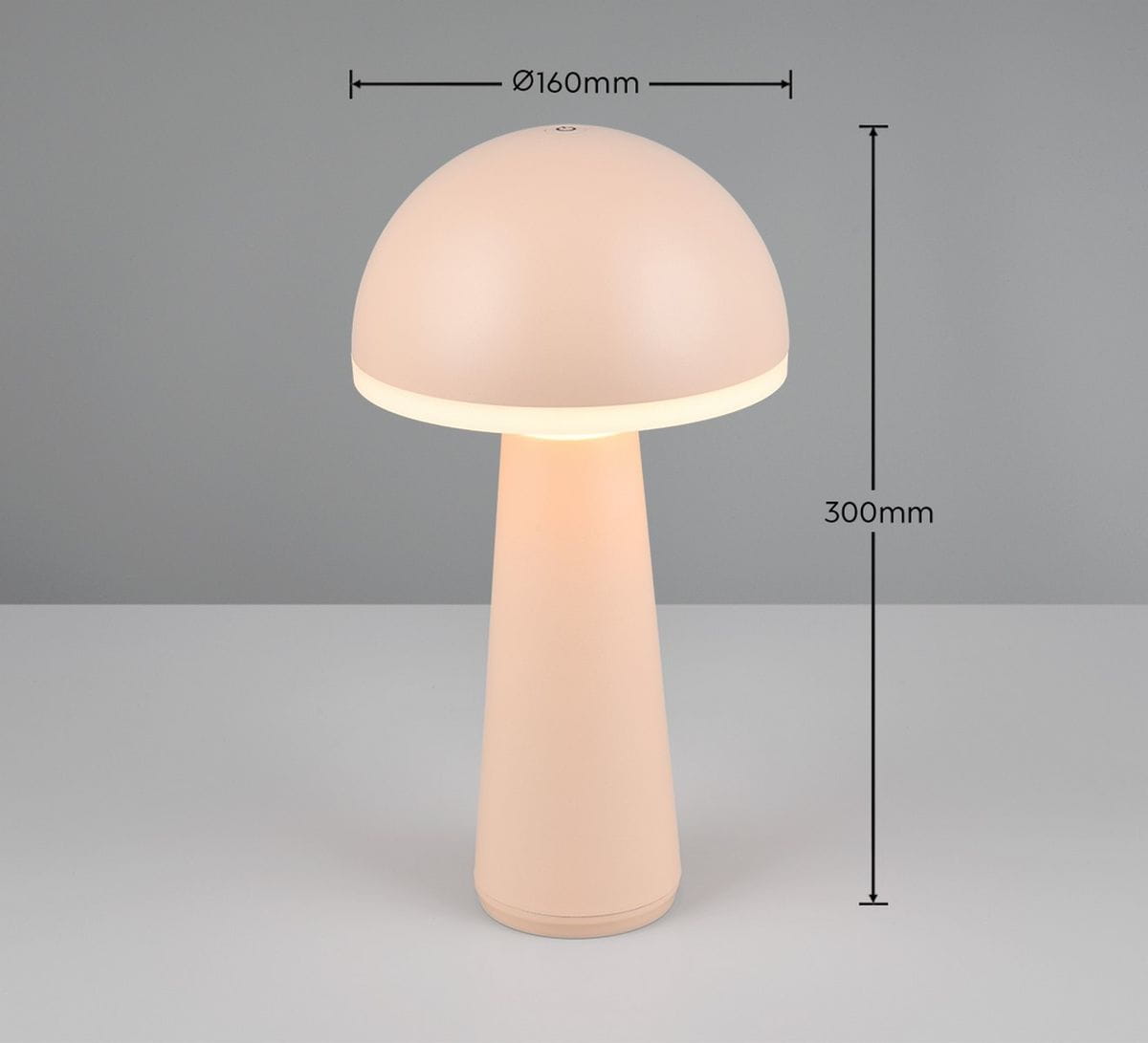 Lampa stołowa Fungo w kolorze piaskowym, z kształtem grzyba, wysokości 300 mm i średnicy 160 mm. Posiada wbudowane źródło światła LED o mocy 2W, z delikatnym podświetleniem wokół podstawy. Ujęcie frontalne na jednolitym tle.