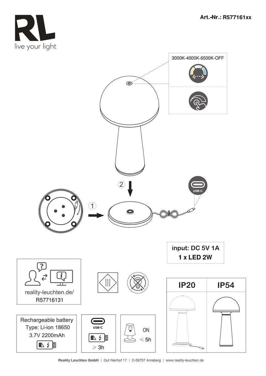 Lampa stołowa Fungo, zewnętrzna, w kolorze piaskowym, z jedną diodą LED o mocy 2W. Posiada okrągłą podstawę i charakterystyczny kształt grzyba. Ładowana przez port USB-C, odporna na warunki atmosferyczne (IP54).
