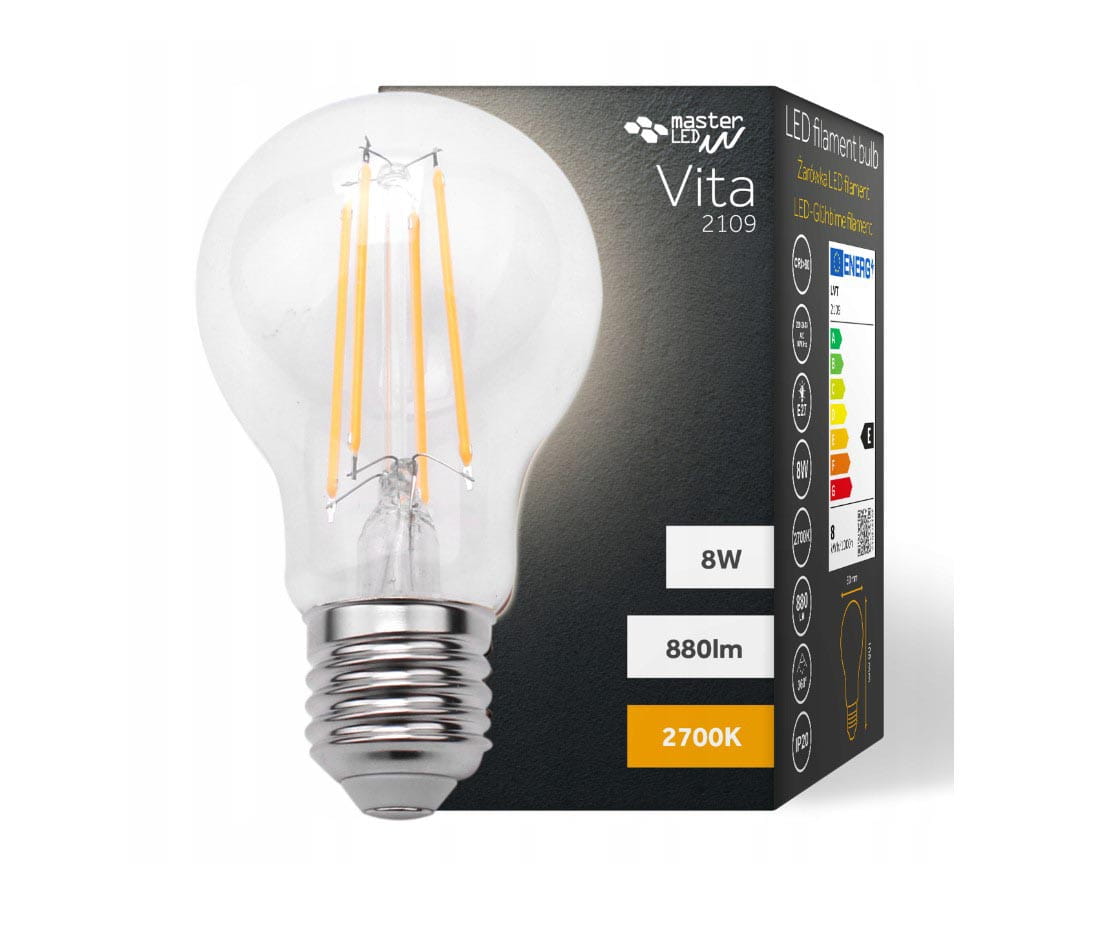 Żarówka LED GLS E27 o mocy 8W, z przezroczystą szklaną obudową. Posiada filamenty w kształcie prostokąta. Wydajność: 880 lumenów, temperatura barwowa 4000K (neutralna biała). Umieszczona na ciemnym tle z widocznym opakowaniem.