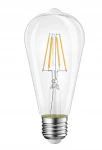 Żarówka LED ST64 w przezroczystej obudowie, z gwintem E27, moc 6W, barwa neutralna biała (4000K). Widoczny filament w kształcie prostokątnych prętów w kolorze pomarańczowym. Stojąca, frontalna perspektywa.