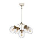 Lampa wisząca Cosmos 5xE14 w antycznej bieli z mosiężnymi detalami. Posiada pięć szklanych kul o żłobionej fakturze, zawieszonych na białym stelażu. Ujęcie z przodu, ukazujące całość konstrukcji.