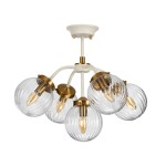 Lampa wisząca Cosmos 5xE14 w antycznej bieli z mosiężnymi elementami. Posiada pięć szklanych kloszy z wypukłym wzorem. Klosze zakończone są żarówkami E14, a całość zawieszona jest na białym stelażu.