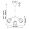 Lampa wisząca Cosmos w antycznej bieli z mosiężnymi detalami, przeznaczona na 5 żarówek E14. Wymiary: wysokość 230 cm, średnica 50 cm. Wisi na prostym, metalowym przewodzie.
