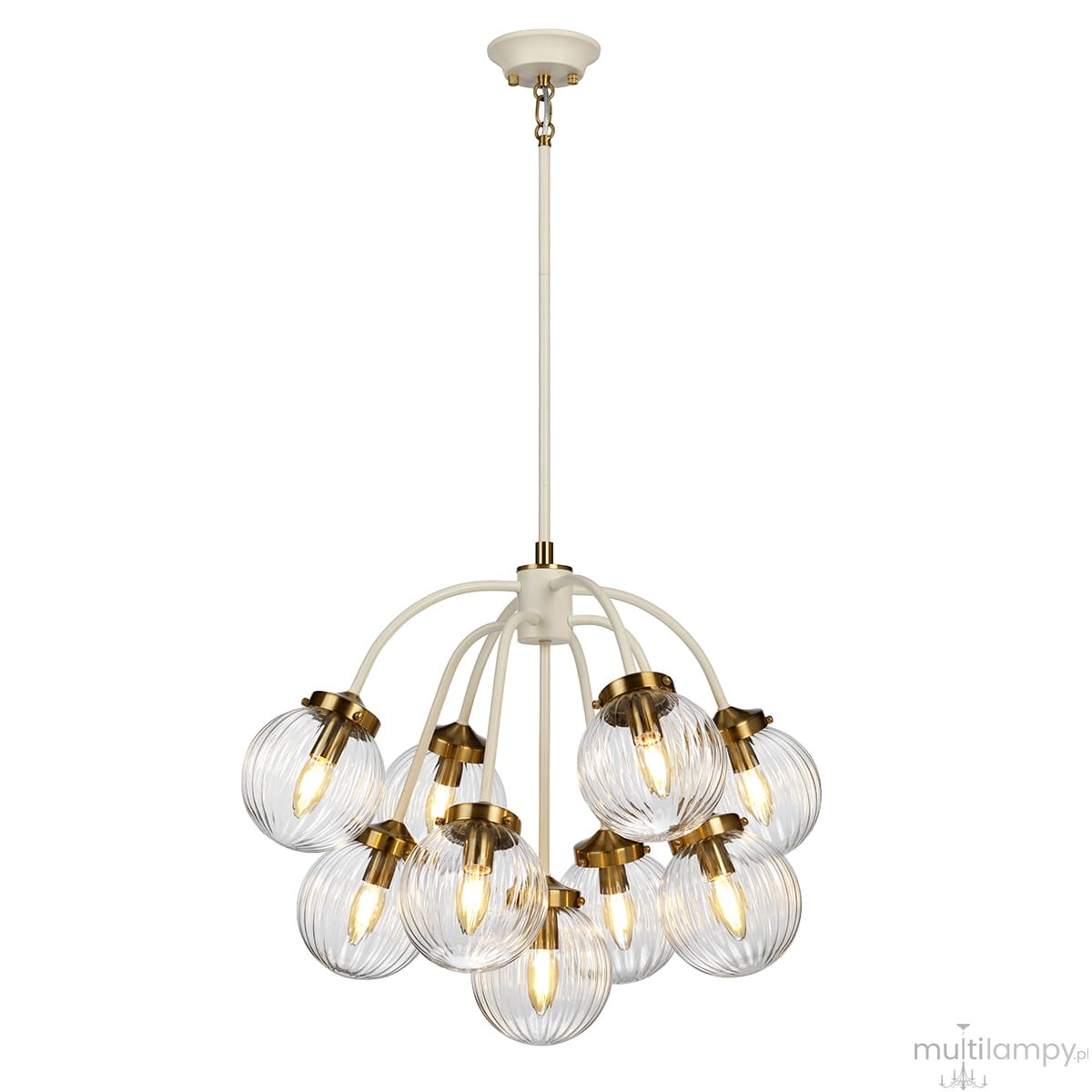 Lampa wisząca Cosmos z dziewięcioma kloszami E14 w antycznej bieli i mosiądzu. Klosze o okrągłym kształcie z delikatnym prążkowaniem, zamontowane na elastycznych ramionach, wisząca konstrukcja z regulowaną wysokością.