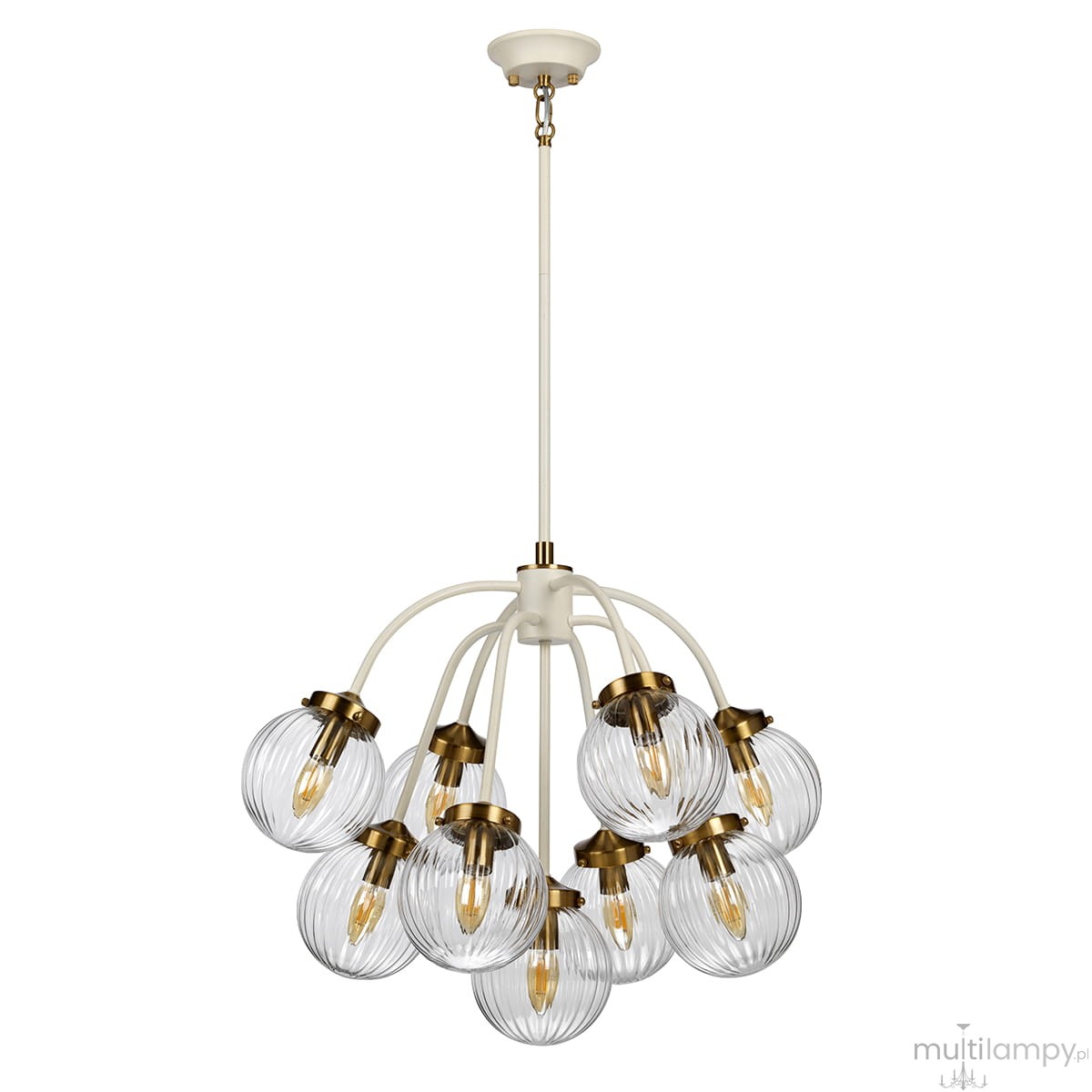 Lampa wisząca Cosmos 9xE14 w antycznej bieli i mosiądzu, z dziewięcioma szklanymi kloszami w okrągłym kształcie, zawieszona na białym przewodzie. Klosze mają teksturowaną powierzchnię, a mosiężne detale dodają elegancji.