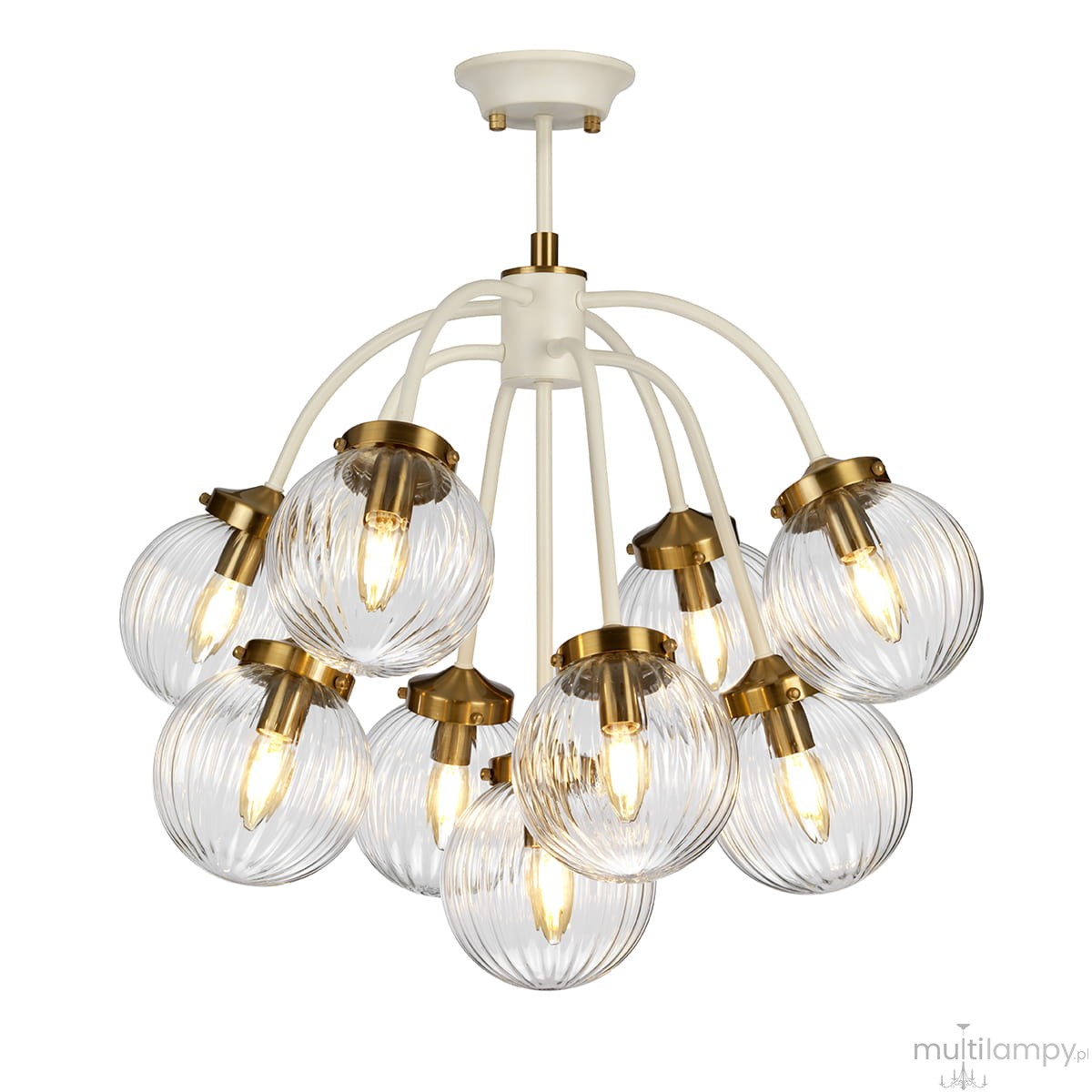 Lampa wisząca Cosmos w antycznej bieli z mosiężnymi detalami, posiada dziewięć szklanych kloszy w formie kul, z wyraźnym, żłobkowanym wzorem. Produkt zawieszony na białym stelażu, idealny do nowoczesnych wnętrz.
