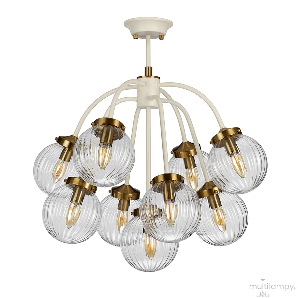 Lampa wisząca Cosmos z dziewięcioma kloszami E14 w antycznej bieli i mosiądzu. Klosze mają okrągły kształt z wyraźnym żłobieniem, zamontowane na giętych ramionach. Całość zawieszona na białym stelażu sufitowym.
