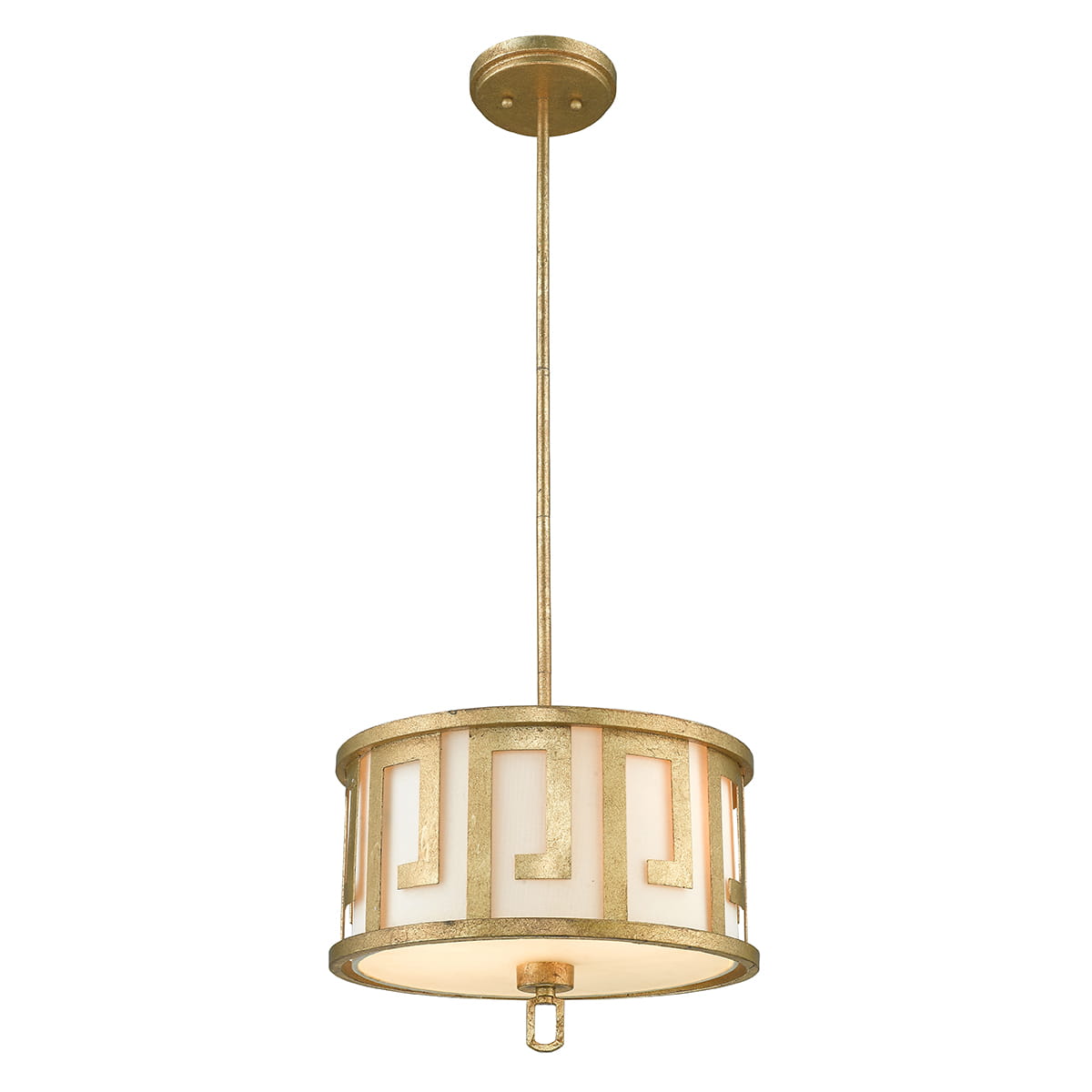 Lampa wisząca Lemuria w stylu vintage, w kolorze starego złota. Okrągła forma z białym kloszem i geometrycznym wzorem. Zawieszona na cienkim drucie, idealna do nowoczesnych wnętrz. Dwa gniazda E27, wysokość regulowana.
