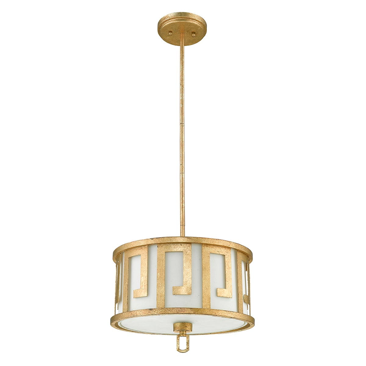Lampa wisząca Lemuria w kolorze starego złota, o okrągłym kształcie z białym szklanym kloszem. Wyposażona w dwa gniazda E27, zawieszona na cienkim metalowym stelażu. Klasyczny wzór z dekoracyjnymi otworami w formie prostokątów.