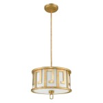 Lampa wisząca Lemuria w kolorze starego złota, o okrągłym kształcie z białym szklanym kloszem. Wyposażona w dwa gniazda E27, zawieszona na cienkim metalowym stelażu. Klasyczny wzór z dekoracyjnymi otworami w formie prostokątów.