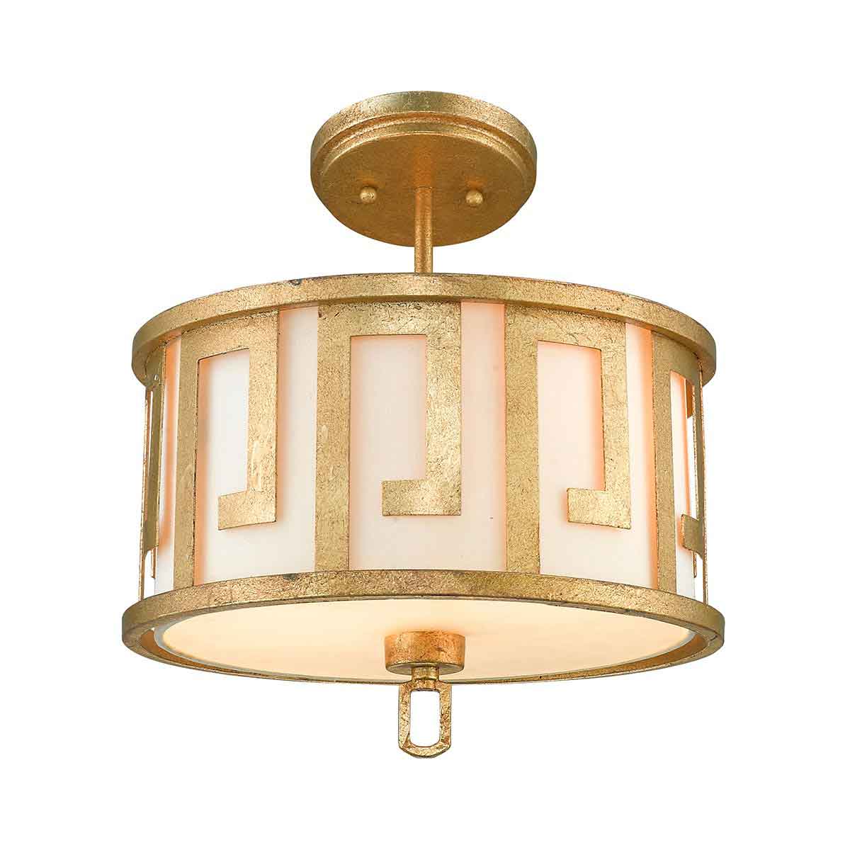 Lemuria lampa wisząca 2xE27 w kolorze starego złota, z okrągłym kloszem ozdobionym geometrycznym wzorem. Klosz wykonany z mlecznego szkła, z metalowym mocowaniem. Lampa montowana sufitowo, z widoczną linką zawieszenia.