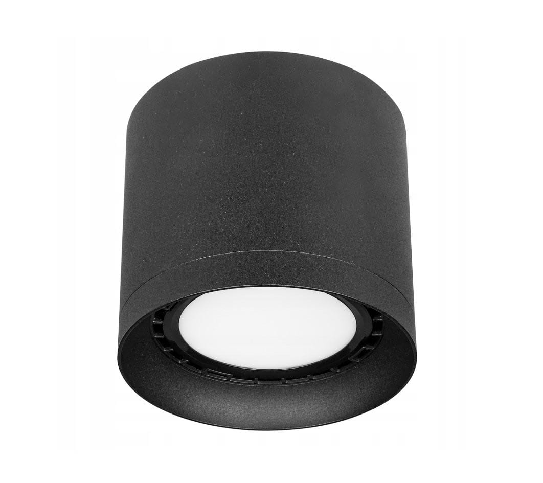 Lampa sufitowa Bari w formie tuby, czarna, z oprawą na żarówkę GU10 AR111. Ujęcie frontalne, stojąca konstrukcja, gładka powierzchnia, okrągły klosz z białym wykończeniem wewnętrznym. Idealna do nowoczesnych wnętrz.