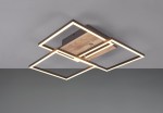 Czarna lampa sufitowa LED 3-punktowa z pilotem, o geometrycznym kształcie z imitacją drewna. Ujęcie z dołu, pokazujące podświetlane ramki w kształcie kwadratów na tle szarym. Lampa zamontowana na suficie, z widocznym detalem drewnianego elementu.