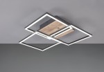 Czarna, 3-punktowa lampa sufitowa LED z imitacją drewna, z widocznym kwadratowym kształtem. Ujęcie z dołu, ukazujące oświetlenie LED wokół krawędzi oraz drewniany element w centralnej części. Produkt z pilotem do zdalnego sterowania.