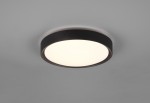 Plafon LED Clarimo IP44 w kolorze czarnym, okrągły, z białym matowym kloszem. Montowany na suficie, widok z dołu. Prosty design, idealny do nowoczesnych wnętrz.