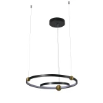 Lampa wisząca Kido S z dwoma źródłami LED o mocy 32W, w kolorze czarnym i złotym, z dwoma okrągłymi pierścieniami. Produkt zawieszony na cienkich linkach, z okrągłym elementem montażowym na suficie.