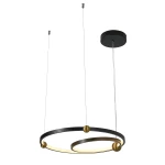 Lampa wisząca Kido S z dwoma pierścieniami, czarna z złotymi akcentami, wykonana z metalu. Zawieszona na cienkich linkach, z okrągłym stropem. Oświetlenie LED o mocy 32W, nowoczesny design, idealna do stylowych wnętrz.