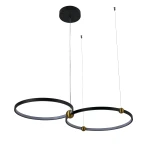 Lampa wisząca Kido M w kolorze czarnym i złotym, z dwoma okrągłymi ramionami LED o mocy 34W, zawieszona na cienkich linkach. Okręgi mają matowe boki i podświetlenie, wisi na sufitowej podstawie w kolorze czarnym.