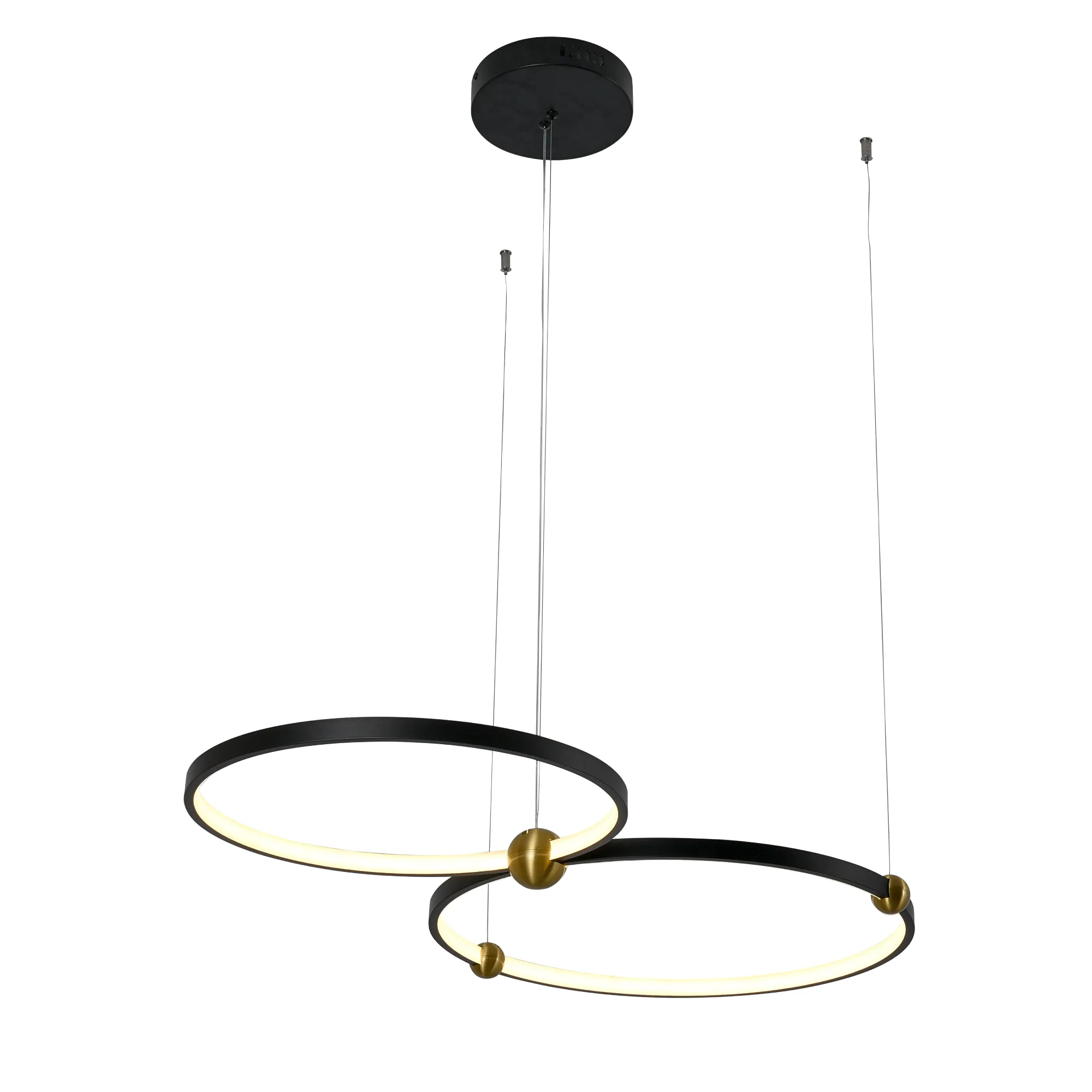 Lampa wisząca Kido M z dwoma okrągłymi kloszami LED, w kolorze czarnym z elementami złotymi. Zawieszona na cienkich linkach, z okrągłym, czarnym uchwytem sufitowym. Wymiary kloszy dostosowane do nowoczesnych wnętrz.