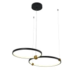 Lampa wisząca Kido M z dwoma okrągłymi kloszami LED, w kolorze czarnym z elementami złotymi. Zawieszona na cienkich linkach, z okrągłym, czarnym uchwytem sufitowym. Wymiary kloszy dostosowane do nowoczesnych wnętrz.