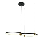 Lampa wisząca Kido M z dwoma okrągłymi kloszami LED, czarna z złotymi detalami. Zawieszona na cienkich, przezroczystych linkach, z okrągłym mocowaniem sufitowym. Klosze mają matową powierzchnię i emitują neutralne światło.