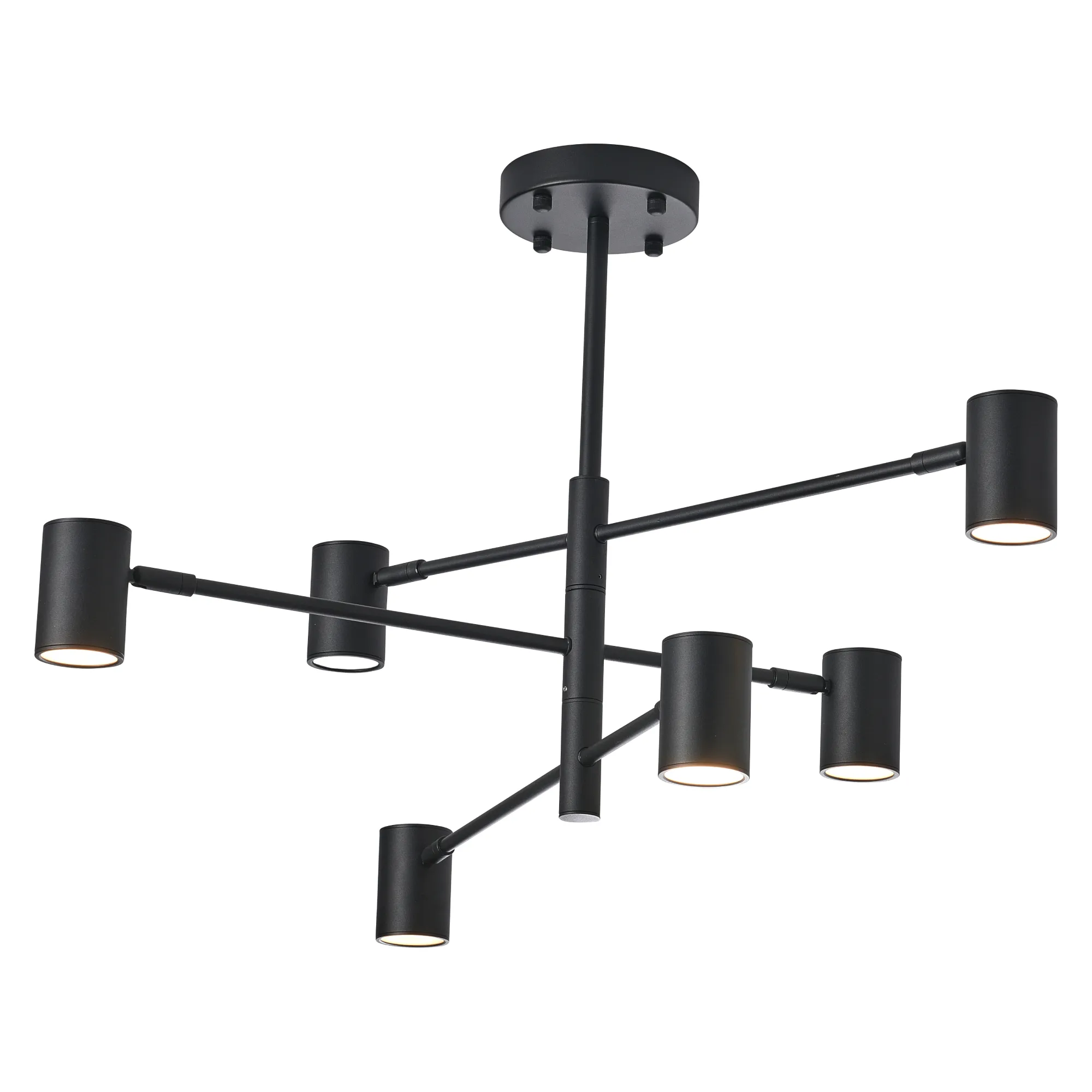 Lampa wisząca Noe w kolorze czarnym, z sześcioma ramionami i oprawkami na żarówki GU10. Konstrukcja metalowa, minimalistyczny design. Ujęcie z dołu, ukazujące szczegóły mocowania i układ ramion.