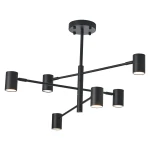 Lampa wisząca Noe w kolorze czarnym, z sześcioma ramionami i oprawkami na żarówki GU10. Konstrukcja metalowa, minimalistyczny design. Ujęcie z dołu, ukazujące szczegóły mocowania i układ ramion.