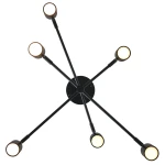 Lampa wisząca Noe w kolorze czarnym z sześcioma oprawami GU10, zamontowana na okrągłej podstawie. Wyposażona w długie, proste ramiona, z których każda kończy się okrągłym kloszem w złotym wykończeniu. Ujęcie z dołu, na białym tle.